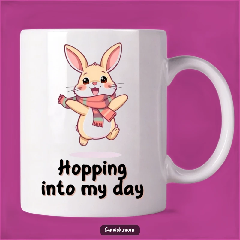 Funny Snowshoe Hare Mug: Happy Scarf-Wearing Bunny Hopping with Joy
