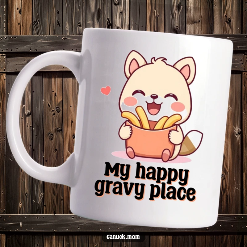 Funny animal character mug joyfully holding a big plate of poutine, smiling wide, celebrating cheesy fries. A perfect gift for poutine enthusiasts.