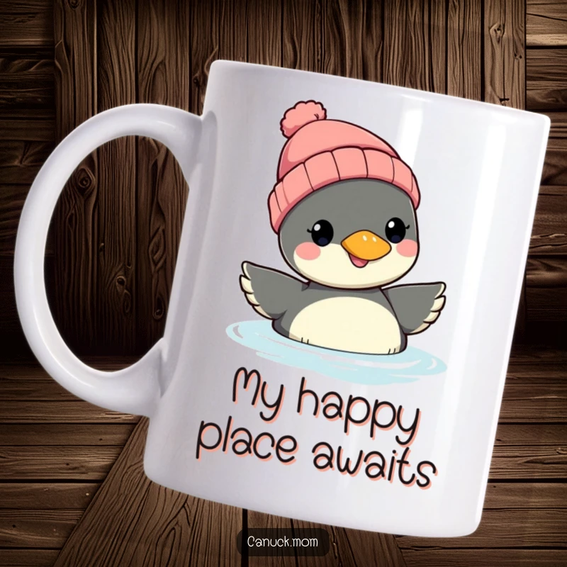 Funny Loon Beanie Mug: A smiling loon in a knit beanie floats peacefully, radiating calm and joy, a perfect cozy gift.