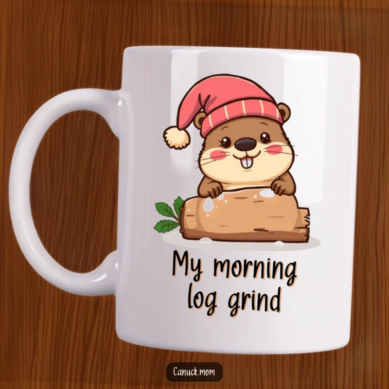 Funny beaver wearing a toque hat, enthusiastically chopping a festive, decorated log, capturing winter celebration.