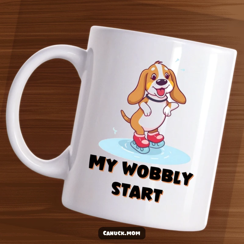 Funny Basset Hound Mug showing a dog with skates on, wobbling playfully and comically on an icy surface. Hilarious gift.