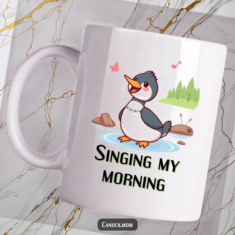 Funny Kawaii Loon Mug: A cute, Kawaii loon happily sings by a serene lake, embodying cheerful charm and nature's melody.