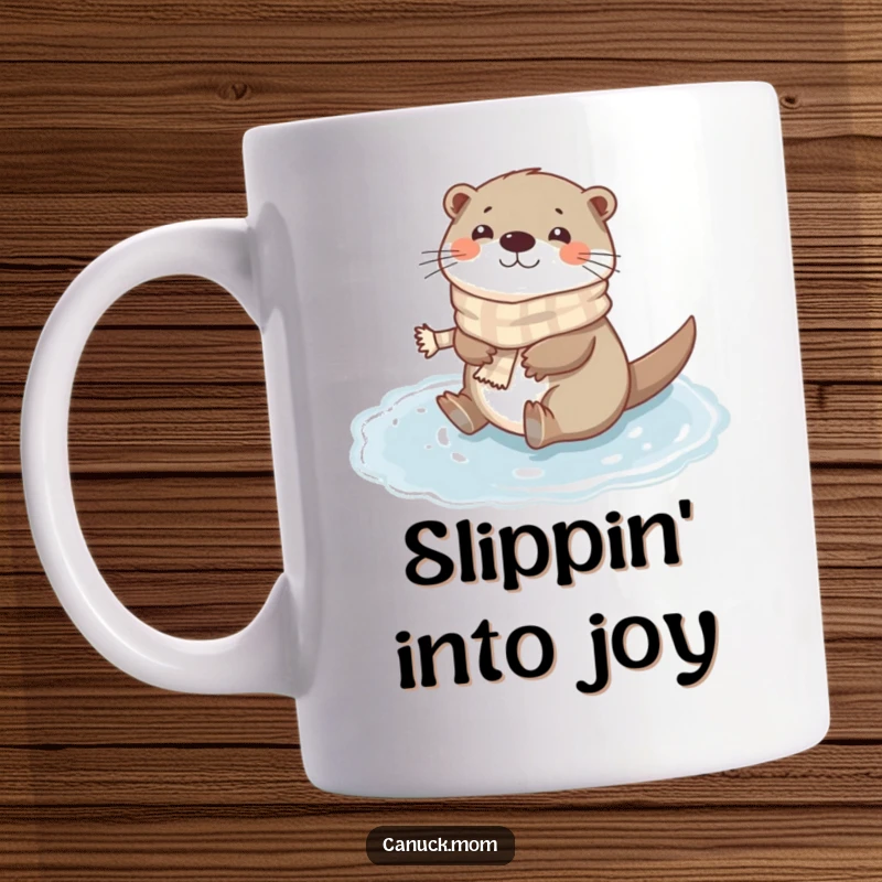 Funny Otter Scarf Mug: A happy otter wearing a tiny scarf cheerfully slides on a frozen puddle, embodying winter joy.