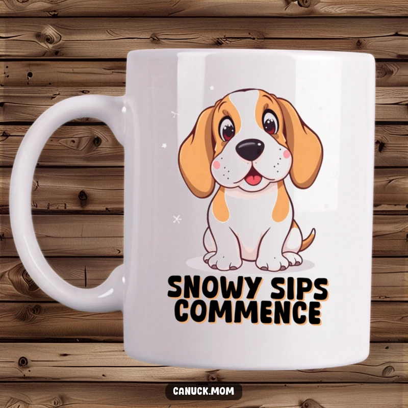 Funny mug with a Basset Hound wearing earmuffs, looking utterly amused while watching snowflakes fall gently.