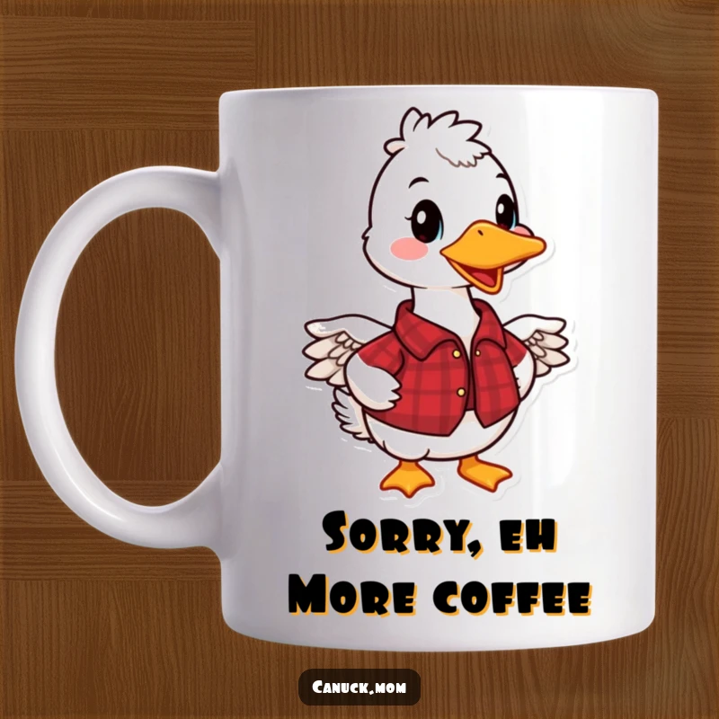 Funny Canadian Goose Mug featuring a happy goose in a red plaid shirt, ready to honk with joy, perfect for a funny gift.