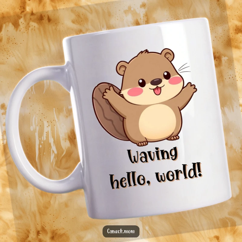 Funny mug featuring a charming animal with a distinct beaver tail, waving enthusiastically and radiating a friendly, welcoming vibe.