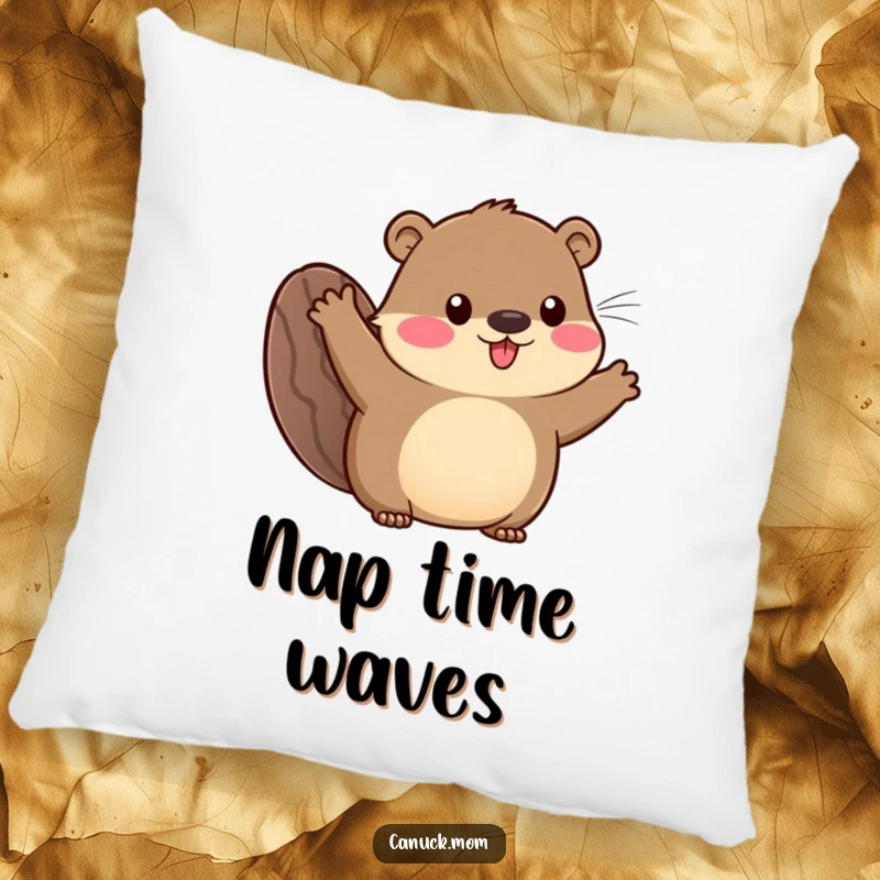 Funny pillow featuring an animal with a beaver tail waving enthusiastically, providing a soft, humorous, and welcoming accent for any room.