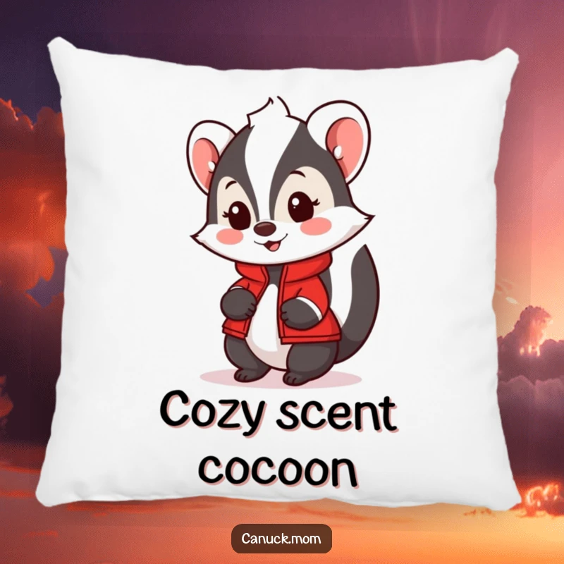 Funny Skunk Pillow wearing a cute red jacket, looking friendly and soft, perfect for humorous comfort.