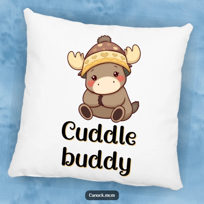 Funny pillow showing an animal character in a toque hugging a moose, perfect for cozy relaxation.