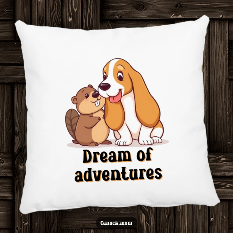 Funny Basset Hound and Beaver Pillow: A Basset Hound and a Beaver share a secret, playful glance, perfect for cozying up.
