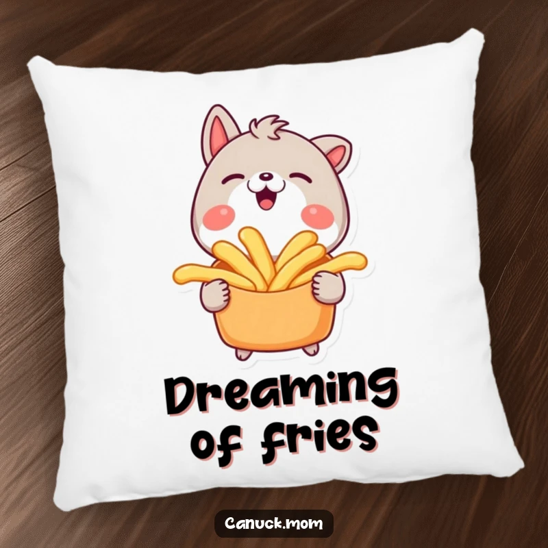 Funny pillow showing an animal character smiling widely while holding a poutine, perfect for cozying up.