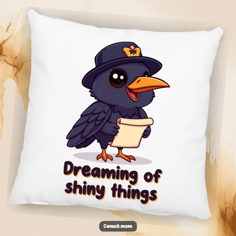 Funny Raven Mountie Pillow: A chatty raven in a Mountie hat holds a scroll, designed for cozy conversations and humor.