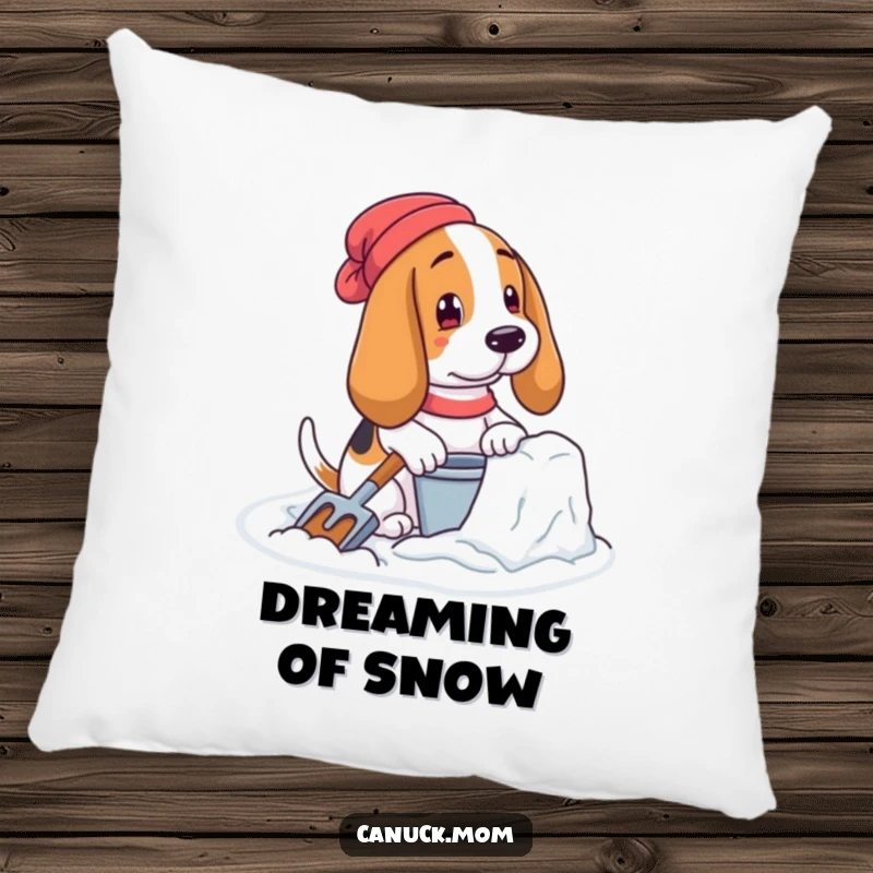 Funny Basset Hound Pillow: A dog uses a pail and shovel to build a snow fort in the snow.