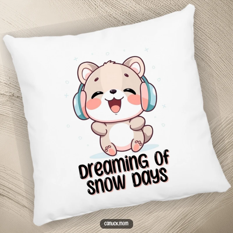 Funny decorative pillow with an earmuff animal, laughing while catching snowflakes, offering cozy winter humor.
