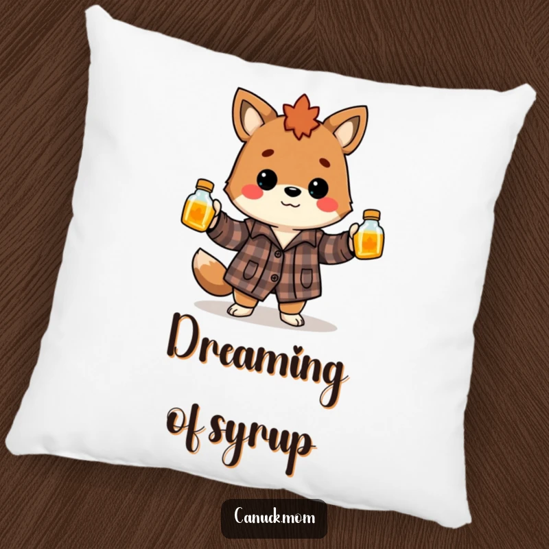 Funny Canadian animal wearing flannel shirt, juggling maple syrup bottles, a soft and humorous decorative pillow.