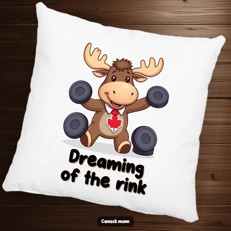 Funny moose in a maple leaf tie, juggling hockey pucks, bringing playful Canuck spirit to any sofa or chair.
