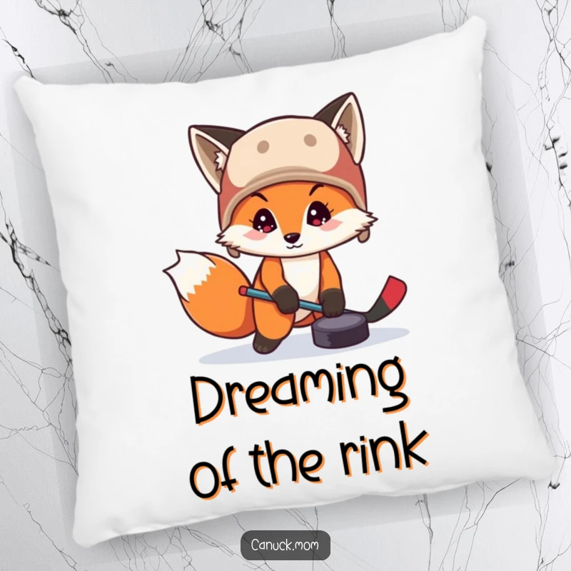 Funny fox in a trapper hat playing hockey with a puck on a pillow, providing soft comfort and sporty charm.