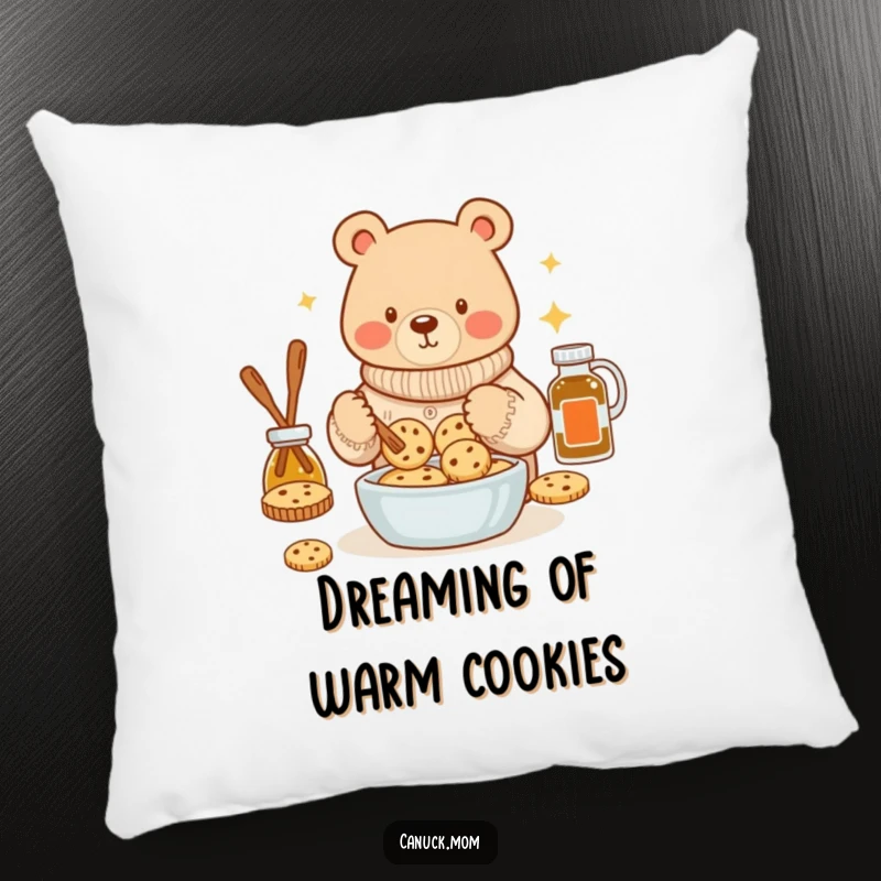 Funny bear in a cozy sweater baking maple syrup cookies on a pillow, providing soft comfort and delightful kitchen charm.