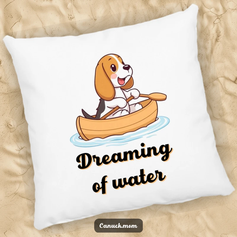 Funny Basset Hound Canoe Pillow: A happy Basset Hound enjoys a serene ride in a tiny canoe, adding comfort and humor.
