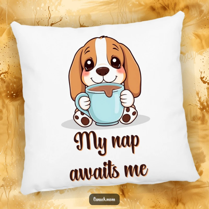 Soft pillow featuring a funny Basset Hound happily sipping hot chocolate, bringing cozy vibes to any room.