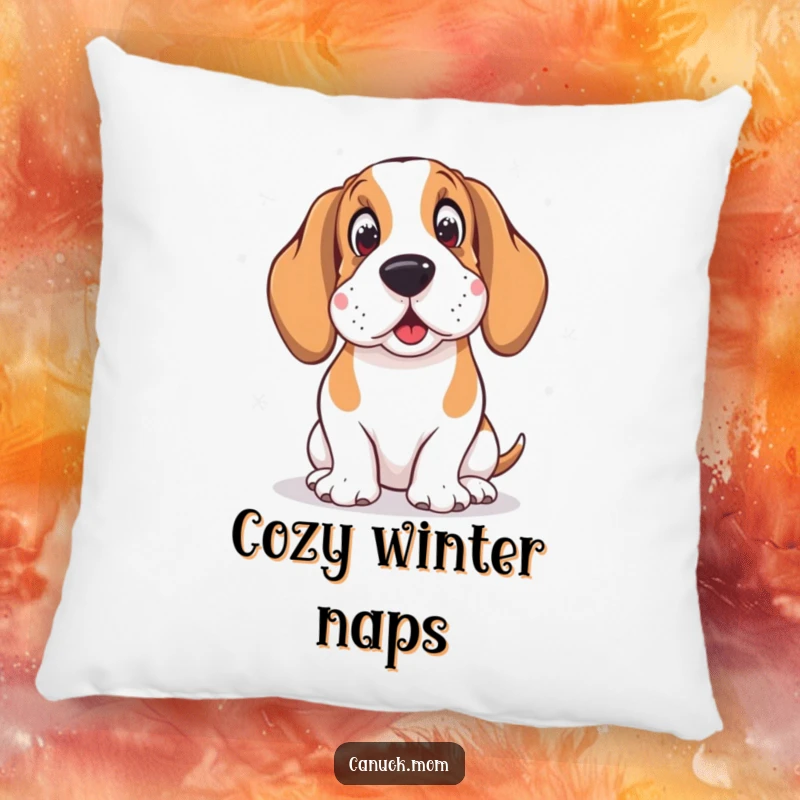 Funny pillow with a Basset Hound wearing earmuffs, looking amused by snowflakes, perfect for adding comfort and cheer.