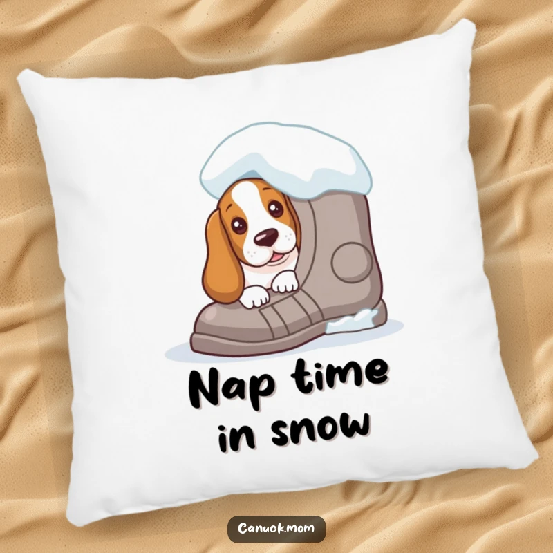 Funny Basset Hound pillow featuring a curious peek from behind a giant snowshoe, adding cozy winter humor to any room.
