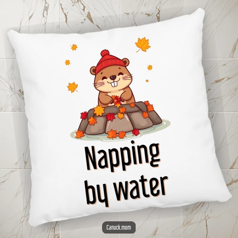 Funny beaver wearing a toque building a dam with maple leaves, on a soft and humorous pillow.