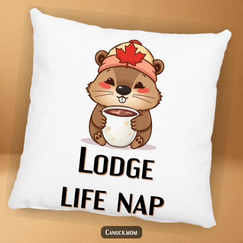 Funny Beaver Pillow: A beaver wearing a maple leaf toque is pictured enjoying a warm cup of hot chocolate.