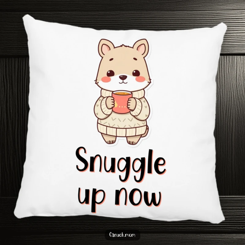 Funny animal wearing a cozy sweater shares a warm drink, a soft and humorous pillow.