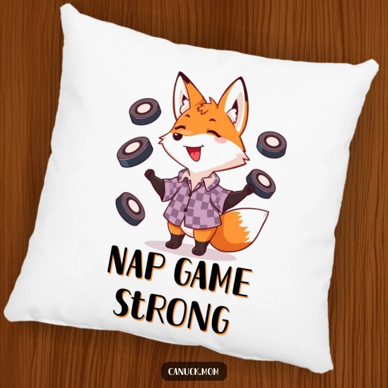 Funny fox juggling hockey pucks, a soft and humorous decorative pillow for a playful living space.