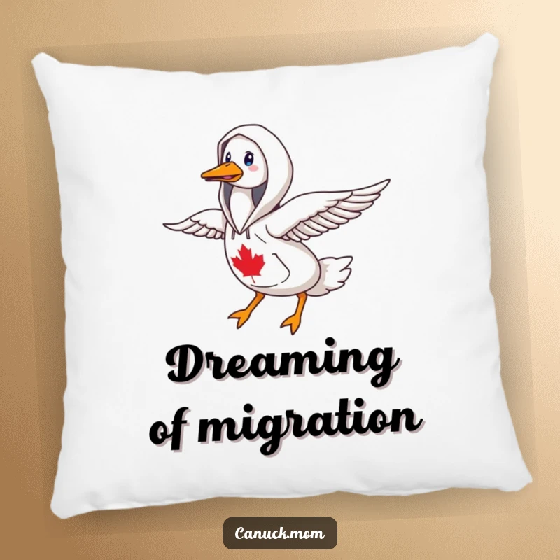 Funny goose wearing a Canadiana hoodie, flying north, depicted on a soft and humorous pillow.
