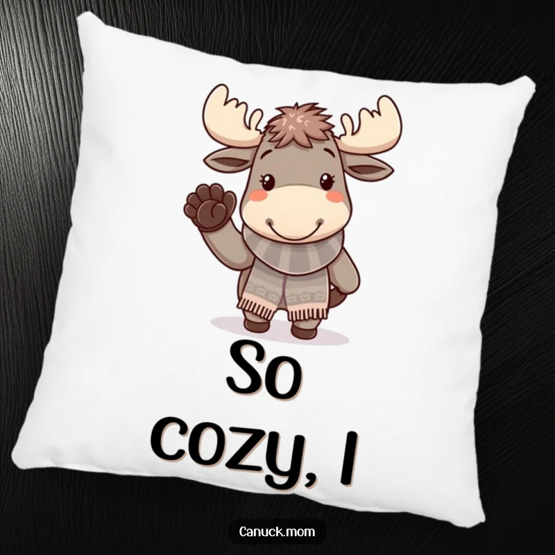 Funny moose character wearing a knitted scarf and waving, on a soft and humorous pillow.