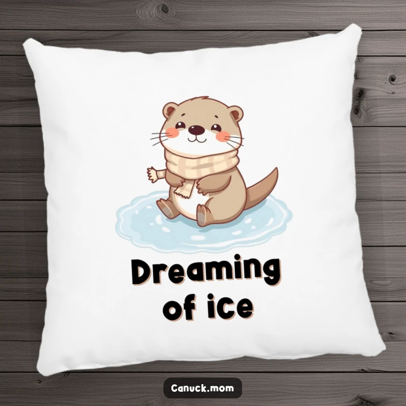 Funny Otter Scarf Pillow: A happy otter wearing a tiny scarf slides on a frozen puddle, adding cozy charm.