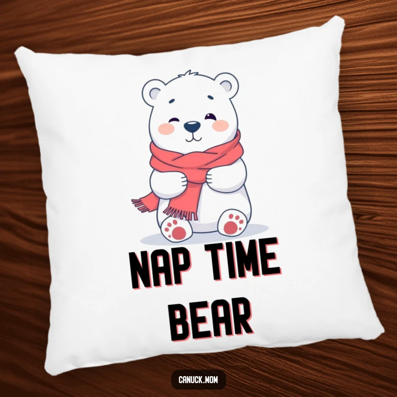 Funny Polar Bear Hug Pillow, a soft decorative pillow featuring a smiling cartoon polar bear in a scarf, offering a gentle hug.