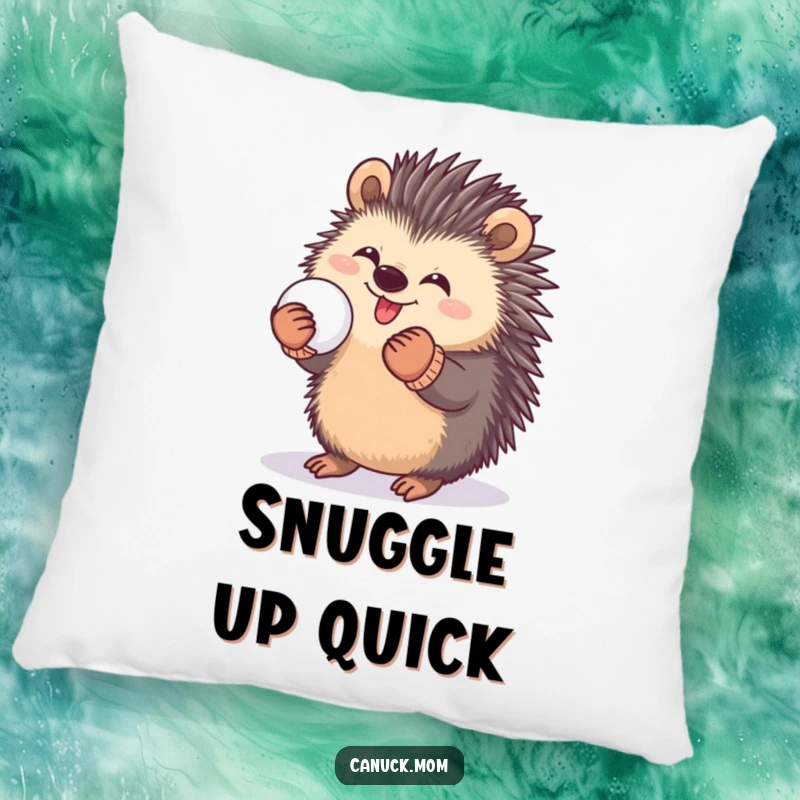 Funny pillow with a happy porcupine wearing mittens, playfully holding a snowball, offering cozy comfort.