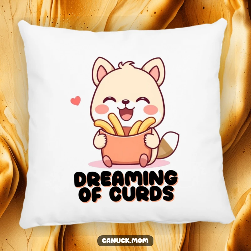 Funny and soft pillow showcasing a happy animal character embracing a plate of poutine with a wide, infectious smile. Comforting humorous gift.