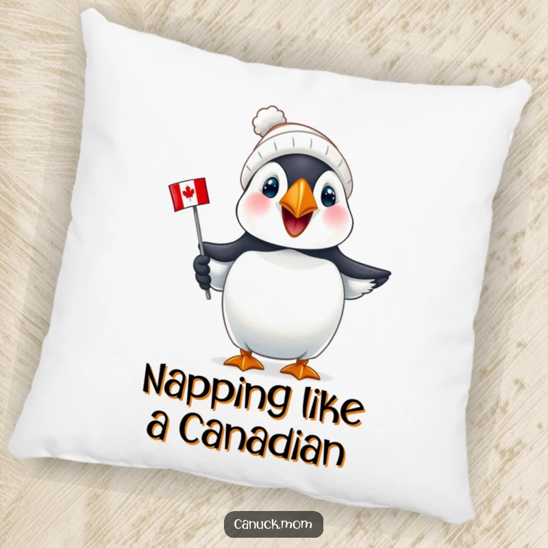 Funny Puffin Canada Pillow: A joyful puffin wearing a tiny toque holds a mini Canadian flag, bringing cozy charm.