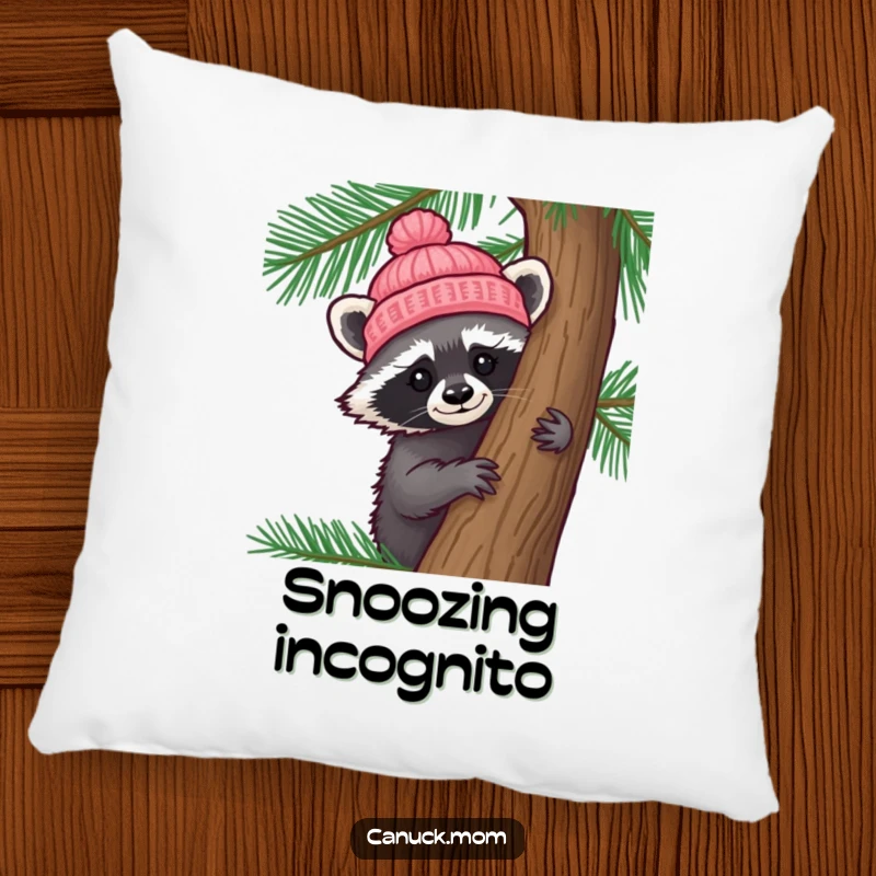 Funny Raccoon Hat Pillow: A curious raccoon wearing a tiny knitted hat peeks from behind a pine tree, offering cozy charm.