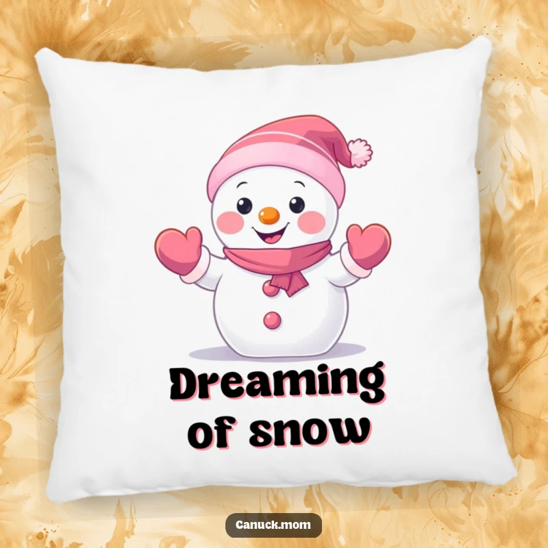Funny Snowman Pillow with a happy, small snowman character wearing mittens and waving hello, perfect for comfort and a funny gift.