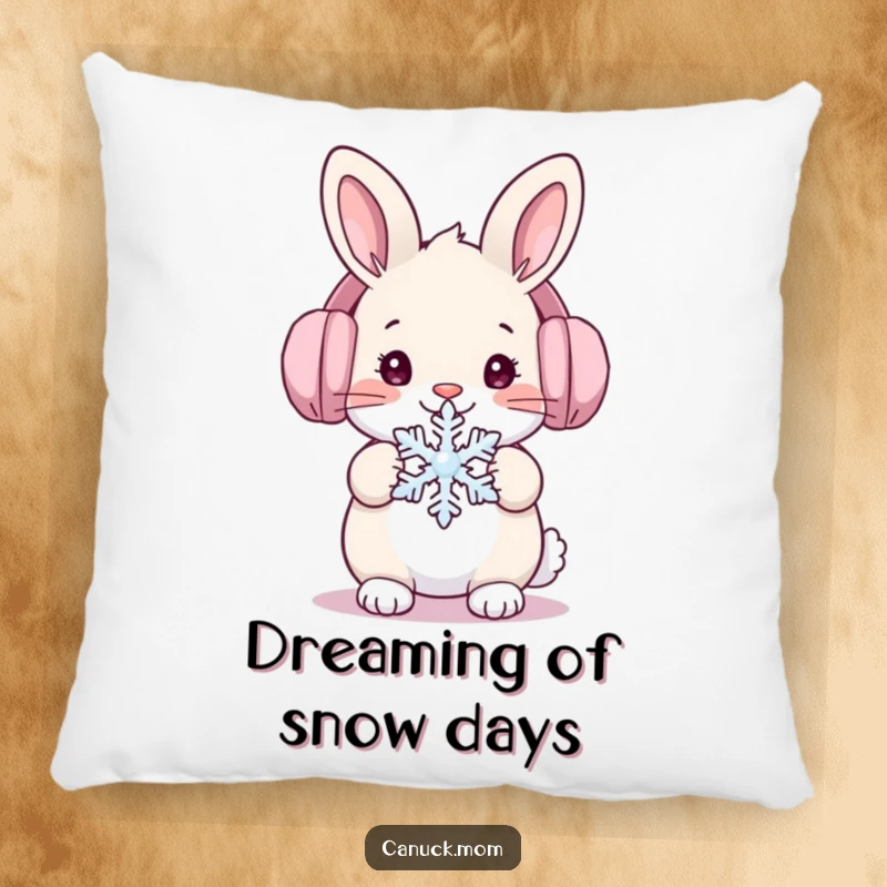 Funny rabbit wearing ear muffs holding a snowflake, soft and decorative pillow for cozy homes.