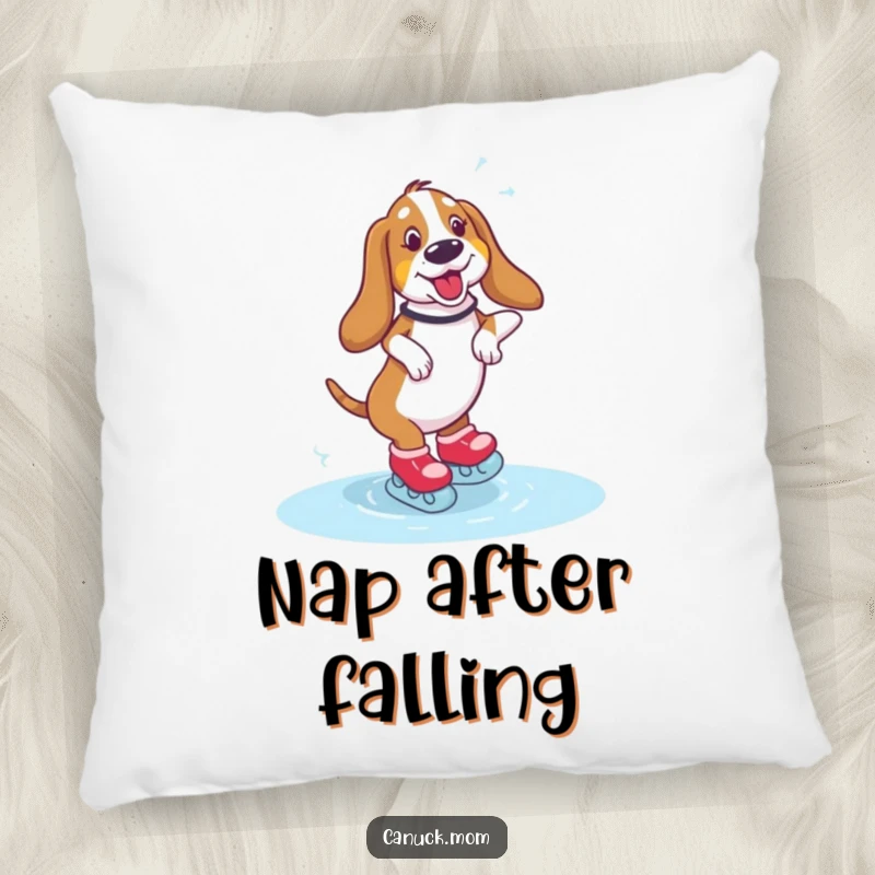 Funny Basset Hound Pillow showing a dog wobbling on ice skates, perfect for adding comical comfort.