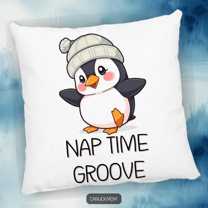 Funny Puffin Hat Pillow: A cheerful puffin wearing a hat taps its foot, offering cozy comfort and a dose of whimsical, funny cheer.