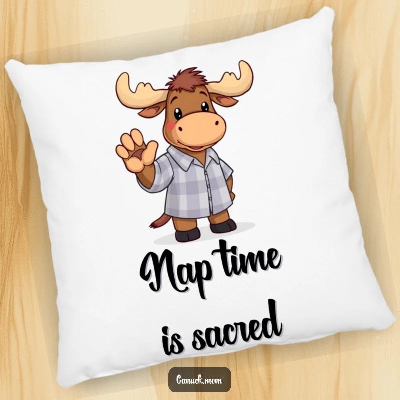 Funny moose in a checkered shirt waving, depicted on a soft pillow, offering cozy humor and quirky charm.