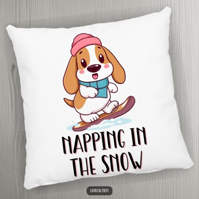 Soft pillow featuring a funny Basset Hound carefully stepping with a snowshoe, bringing winter humor indoors.