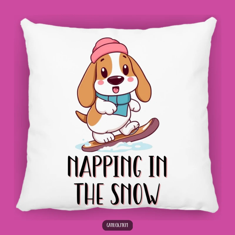 Funny Basset Hound Snowshoe Cozy Pillow: Winter Comfort & Laughter Gift