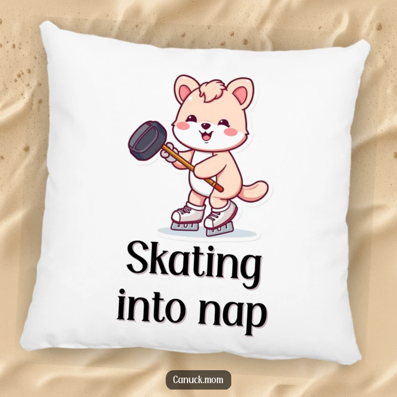 Funny animal skating with hockey puck and stick, a soft and energetic humorous pillow.