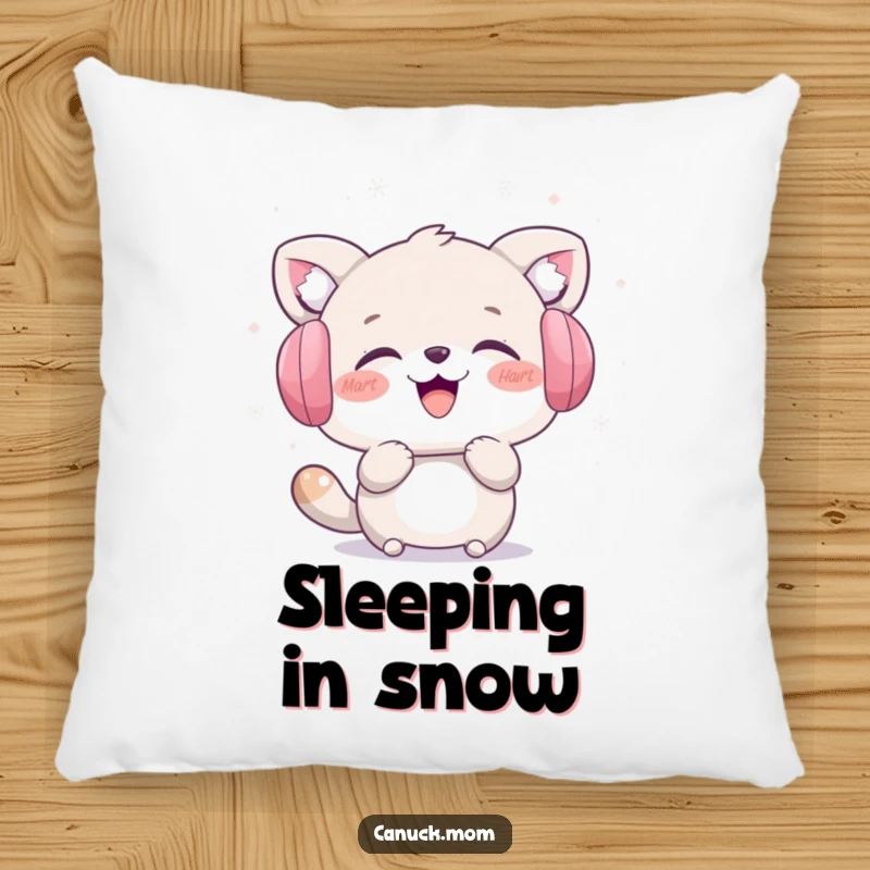 Funny and soft pillow featuring an animal character in earmuffs, laughing gleefully while catching snowflakes. Cozy humorous gift.