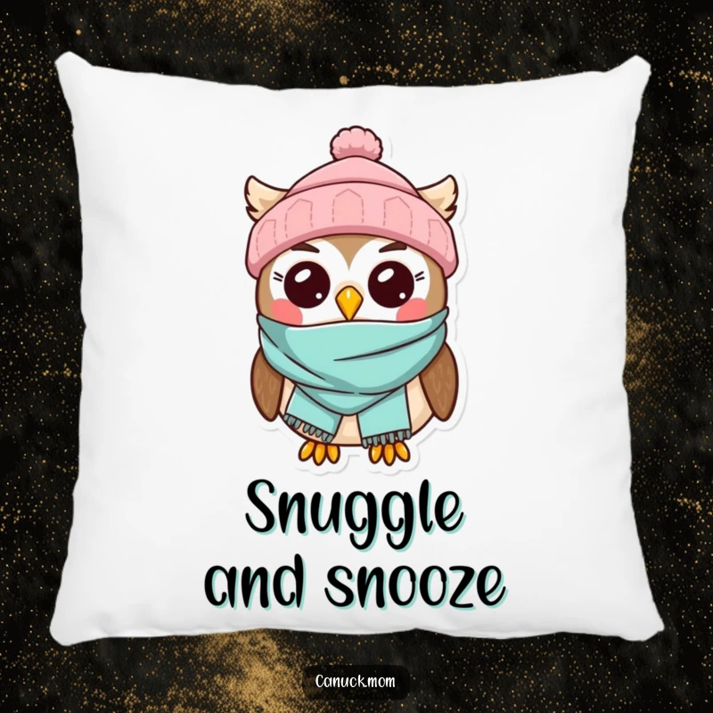 Kawaii Owl Pillow, snug in a winter toque and scarf, providing cozy and adorable winter decor.