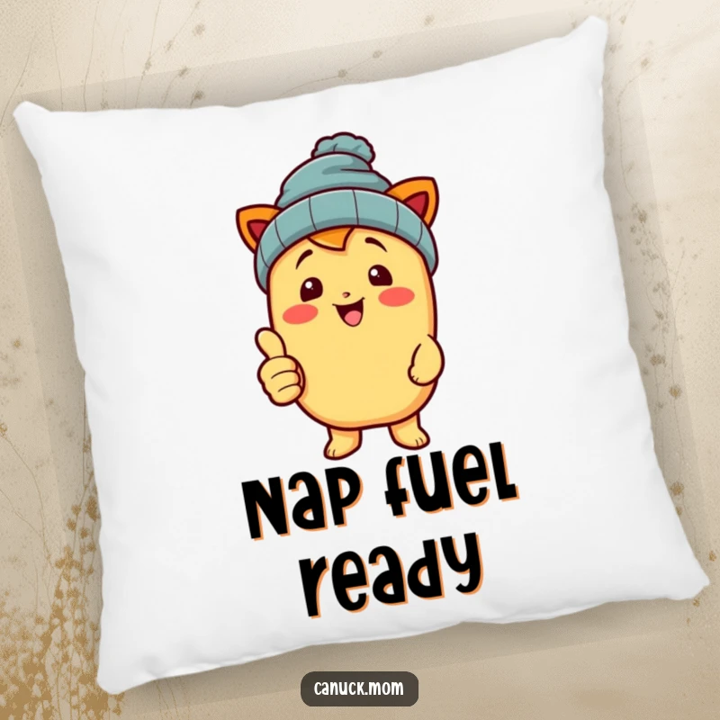 Plush pillow featuring a funny poutine character in a beanie, giving a thumbs up, for maximum comfort.