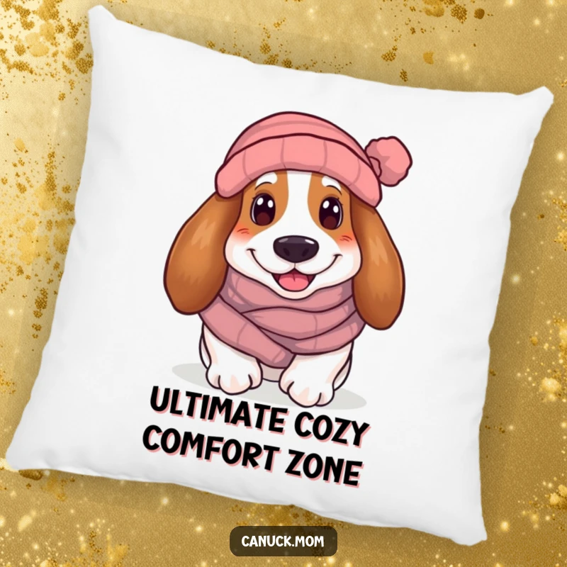 Funny Basset Hound Pillow: A plush pillow featuring a smiling hound in a scarf and toque, offering cozy comfort and humor.